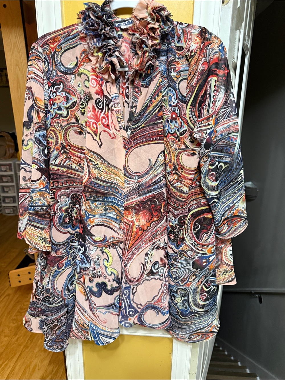 Jaipur Paisley Ruffle Neck Tunic Blouse Size Large Boho Bell Sleeve Sheer